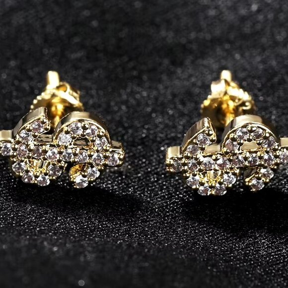 π Dollar Sign Diamond Studded Earrings, 18K Yellow Gold Hypoallergenic π - Picture 4 of 4